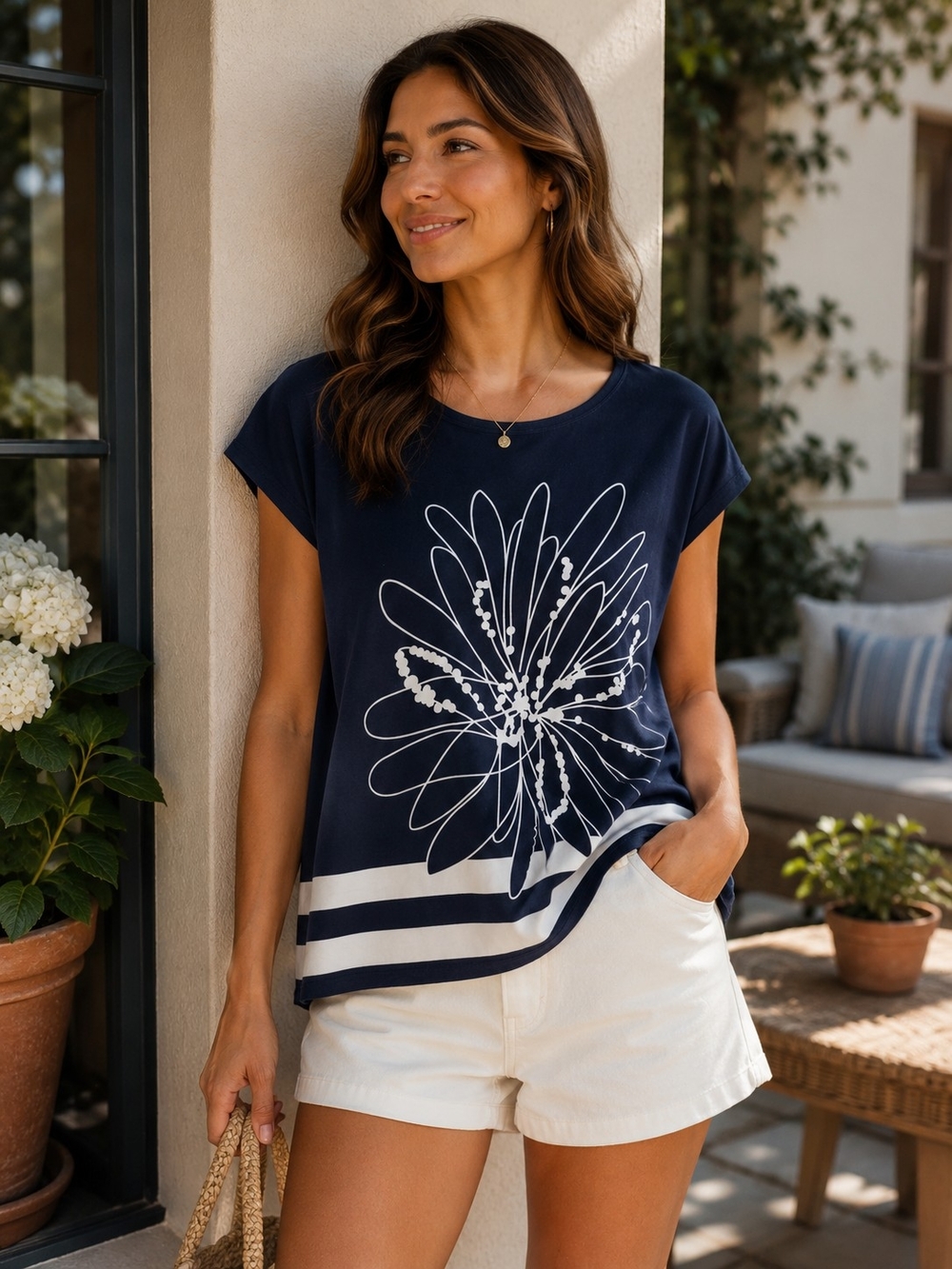 NorthStyle Navy Tee with White Floral Stripe